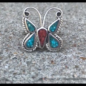 🦋Vintage Butterfly Turquoise & Coral Ring 925🦋